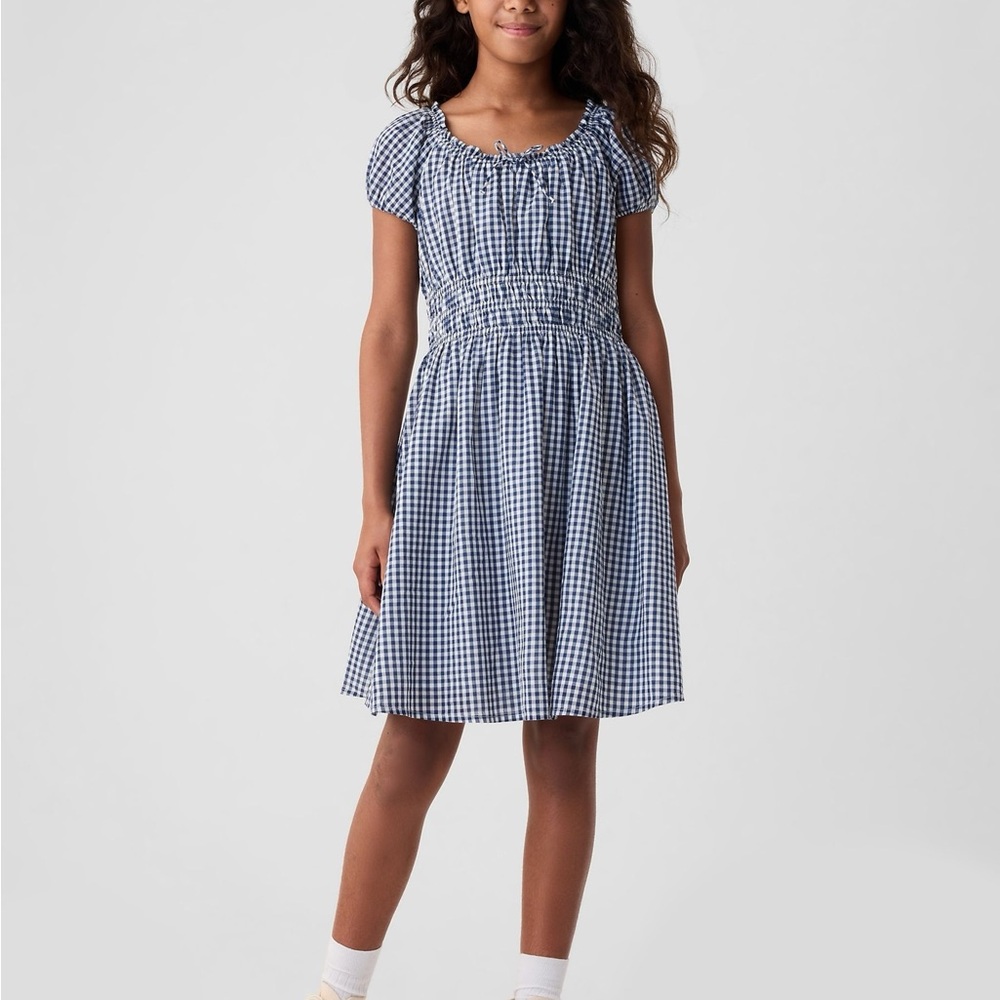GAP DÔEN Navy blue gingham Checkered girls dress S 6-7 smock shirred cotton